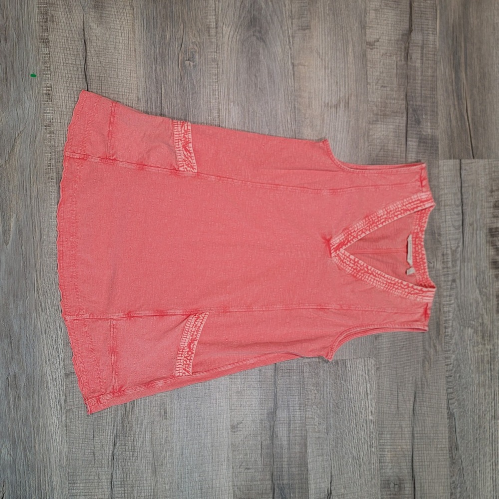 Soft Surroundings Coral Pink Cotton Slub V-Neck Tunic Top Front Pockets Small